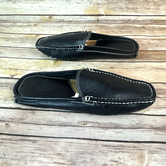 Tod's Womens Black Pebbled Leather Square Toe Slip On Mule Driving Shoes 40/9 - Picture 5 of 9